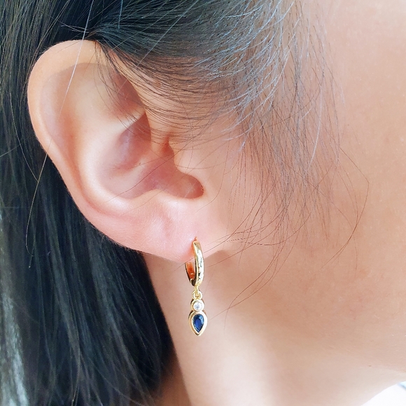 Beautiful Blue Teardrop Shaped huggie Hoop Earrings - Picture 4 of 4